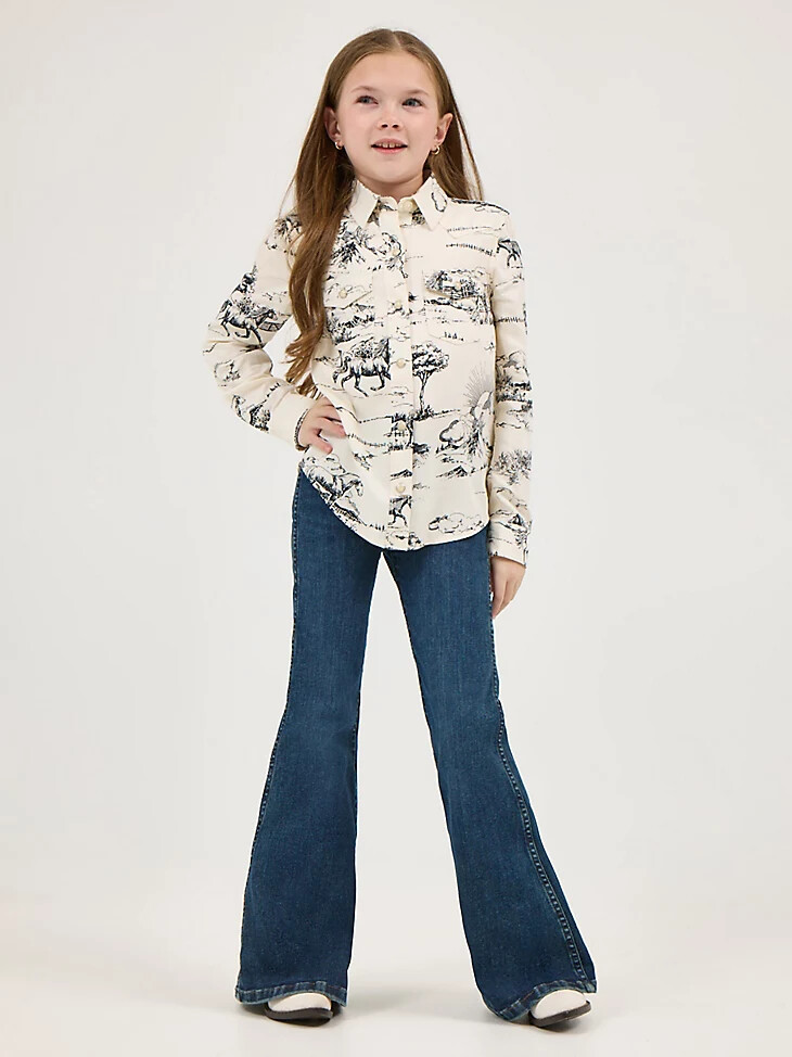 camicia da ragazza wrangler x lainey wilson country toile western snap con stampa paesaggio