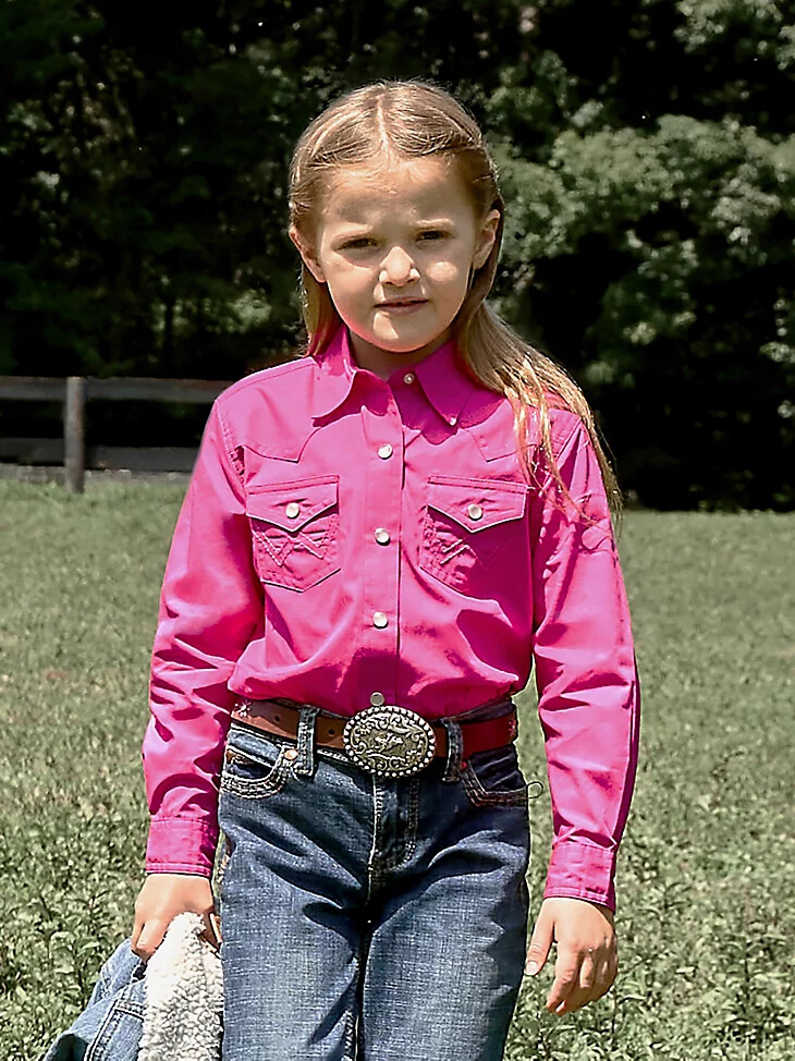 camicia da ragazza a maniche lunghe in stile western con bottoni automatici rosa