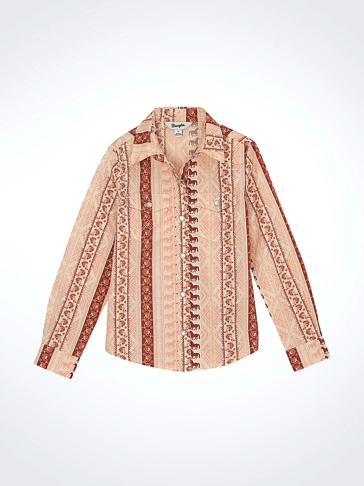 camicia da ragazza a maniche lunghe con stampa geometrica e bottoni a pressione in stile western rosa