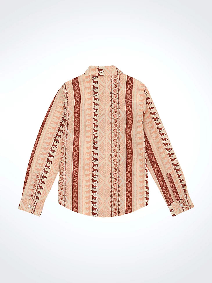 camicia da ragazza a maniche lunghe con stampa geometrica e bottoni a pressione in stile western rosa