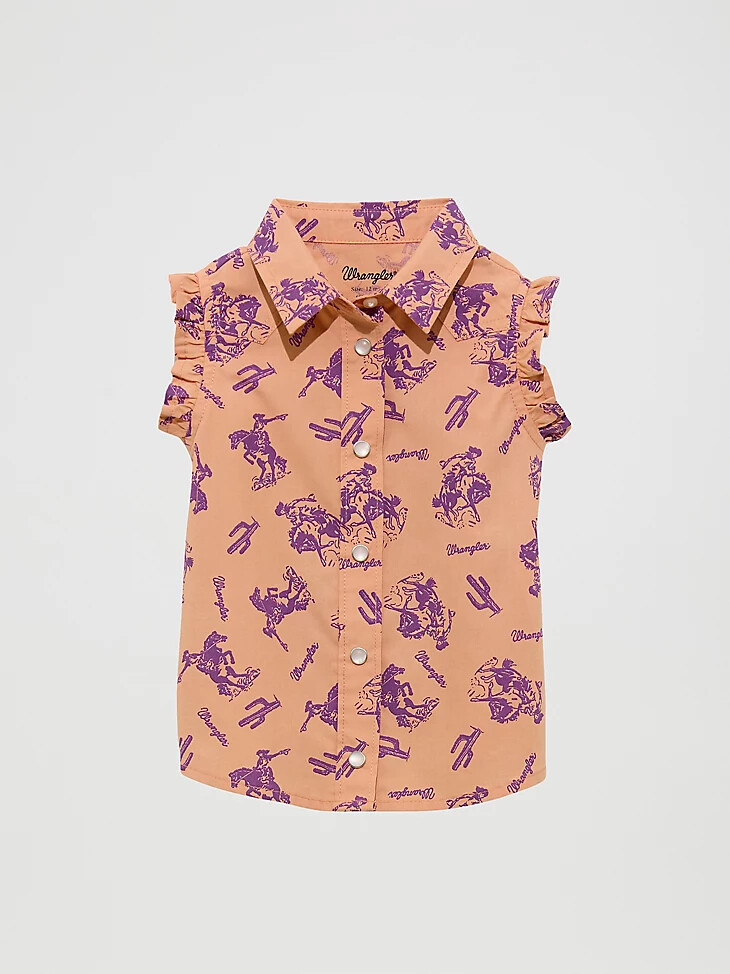camicia western con volant senza maniche per bambina arancione