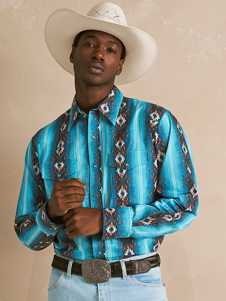 camicia da uomo checotah a maniche lunghe con stampa western e bottoni automatici blu sale marino