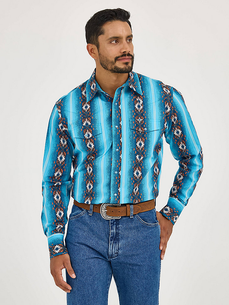 camicia da uomo checotah a maniche lunghe con stampa western e bottoni automatici blu sale marino