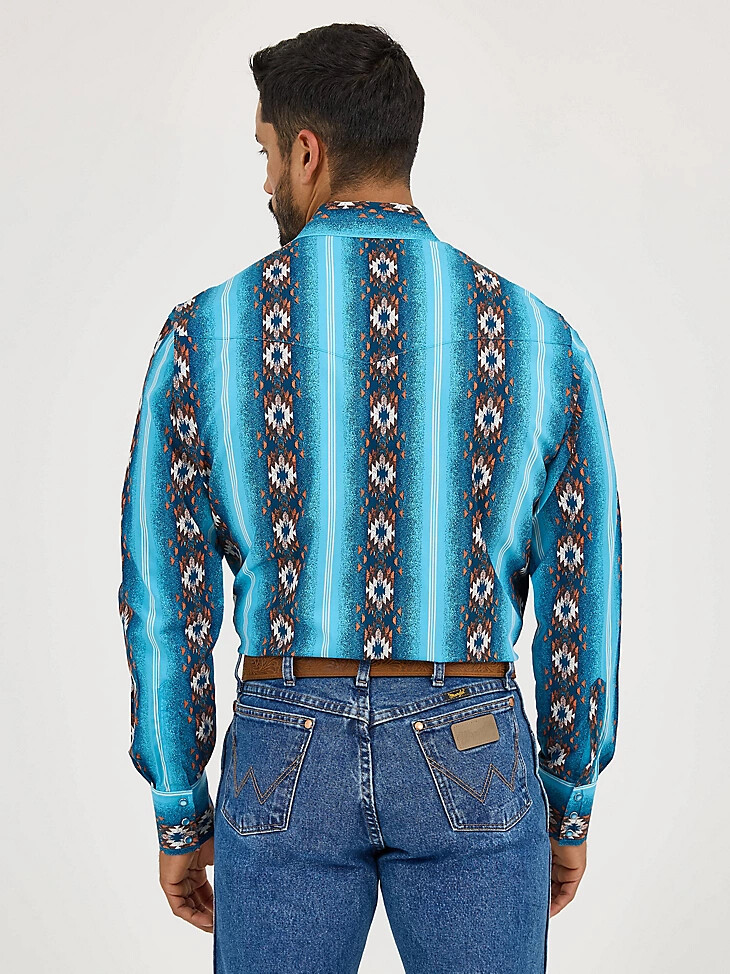 camicia da uomo checotah a maniche lunghe con stampa western e bottoni automatici blu sale marino