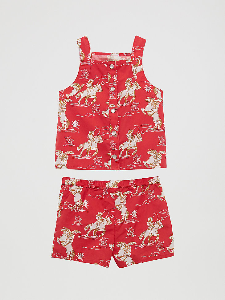completo di pantaloncini con stampa western per bambina cavallo rosso