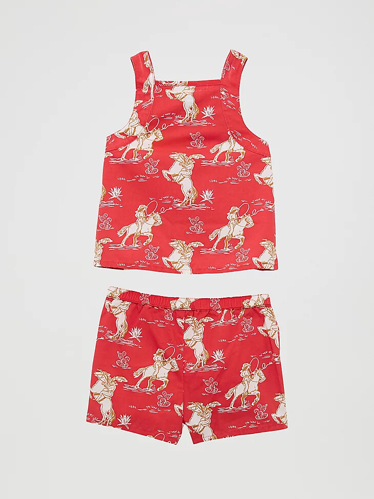 completo di pantaloncini con stampa western per bambina cavallo rosso