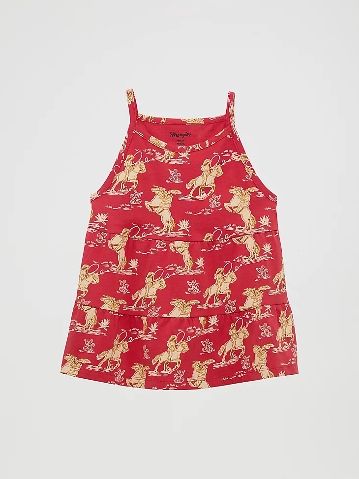 canotta in maglia a strati da cowgirl per bambina cavallo rosso