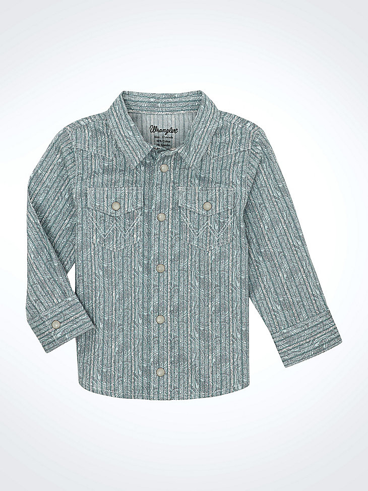camicia a maniche lunghe con stampa western e bottoni automatici per bambino motivo paisley ciano