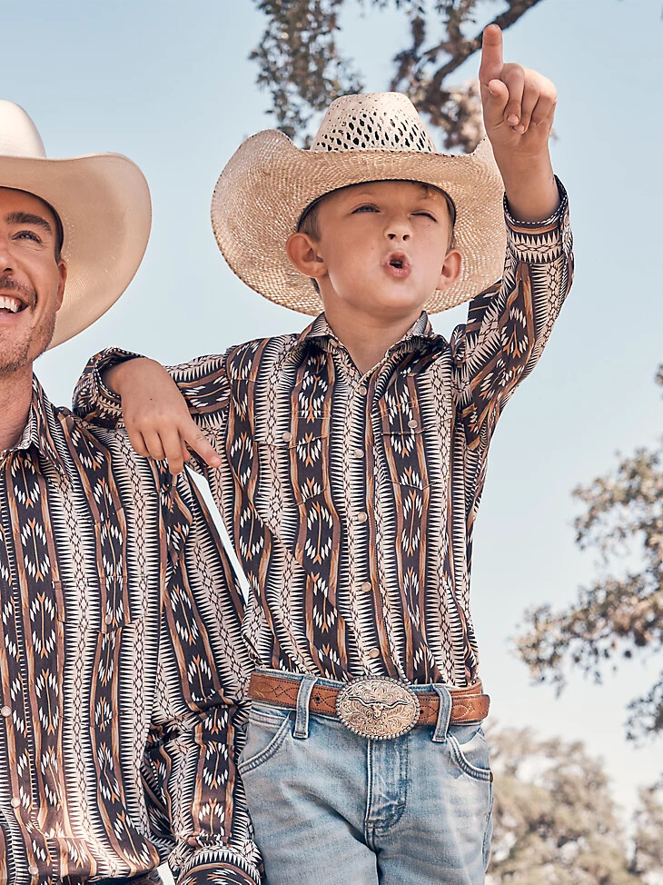 camicia da ragazzo checotah a maniche lunghe in stile western con bottoni automatici e catena marrone