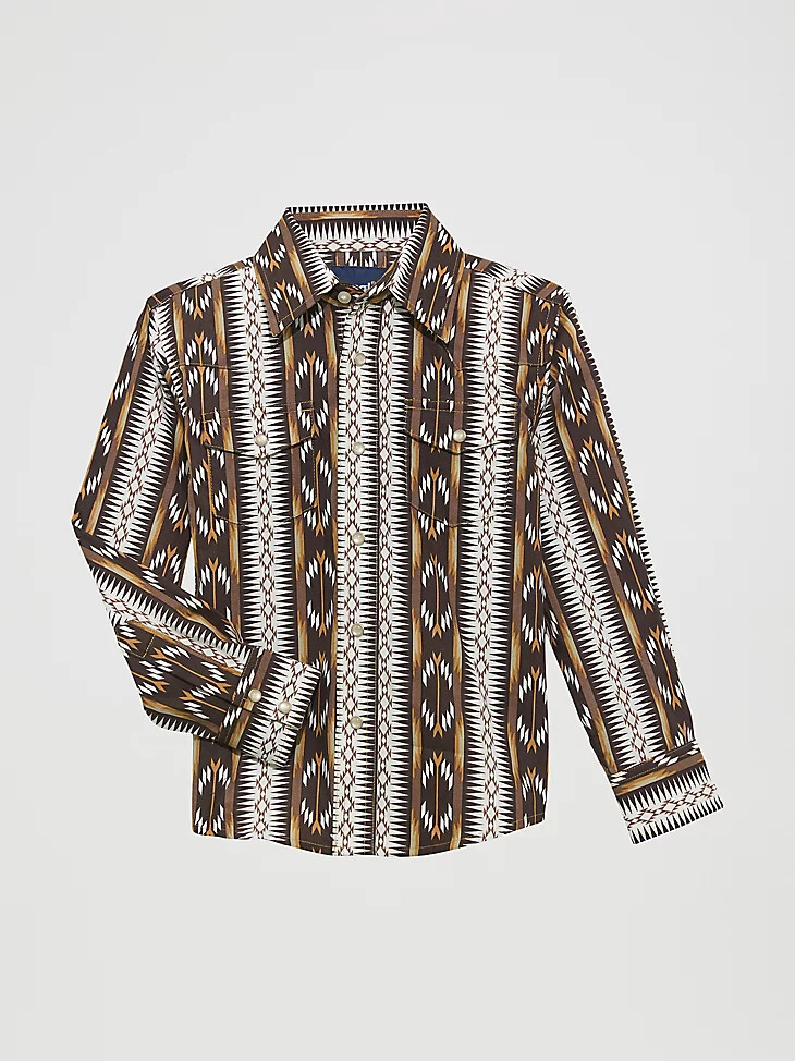 camicia da ragazzo checotah a maniche lunghe in stile western con bottoni automatici e catena marrone