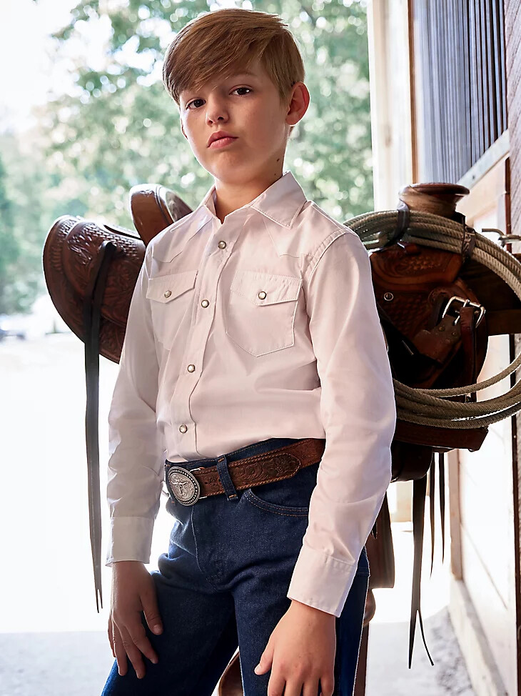 vestito bianco a maniche lunghe da ragazzo camicia western con bottoni automatici bianca