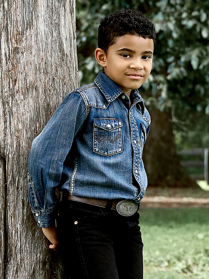 camicia da lavoro in denim western a maniche lunghe con bottoni automatici modello cowboy cut da ragazzo blu antico