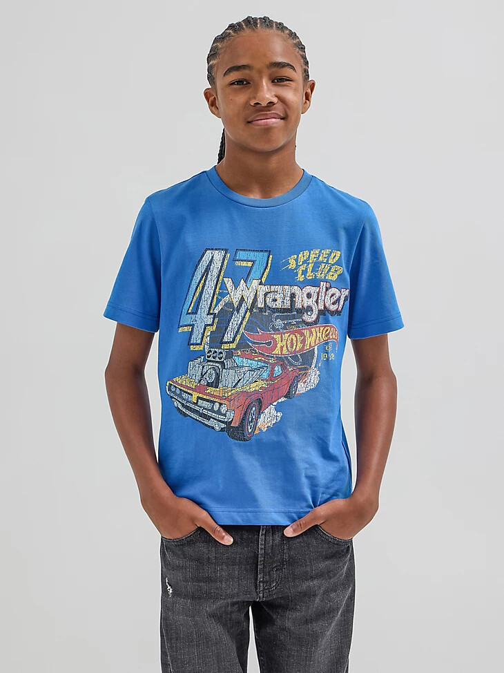 t-shirt speed club blu per bambini wrangler x hot wheels