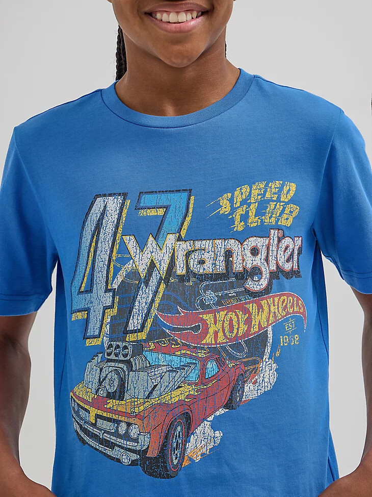 t-shirt speed club blu per bambini wrangler x hot wheels
