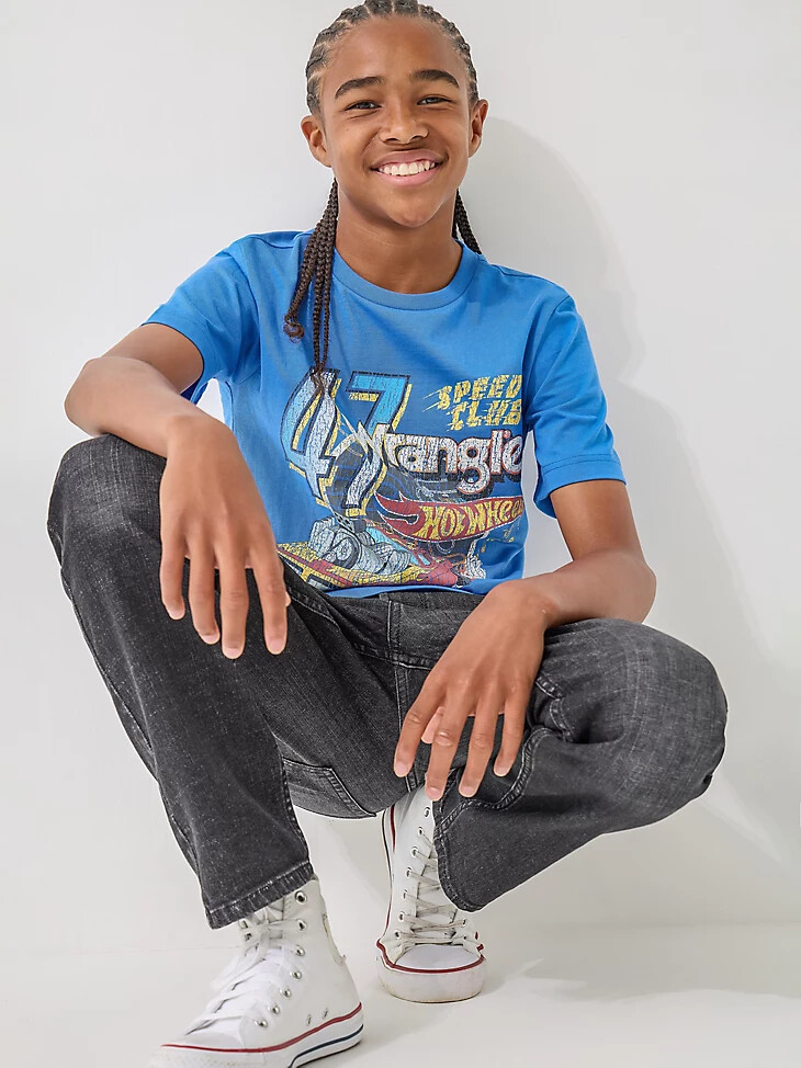 t-shirt speed club blu per bambini wrangler x hot wheels