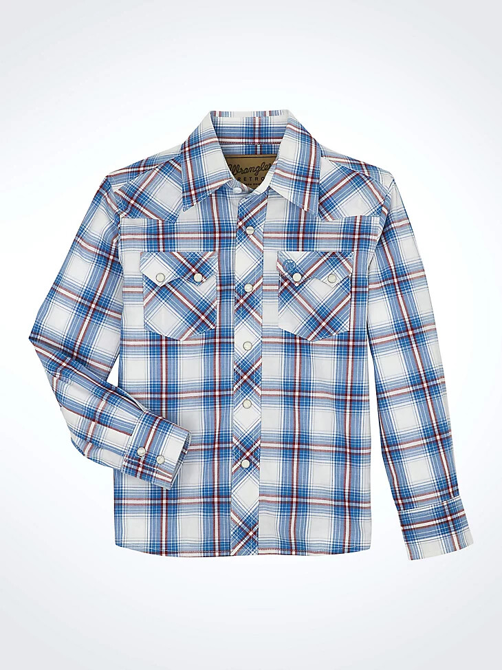 camicia a quadri western con bottoni automatici wrangler retro da bambino e tasche anteriori a dente di sega blu costiero