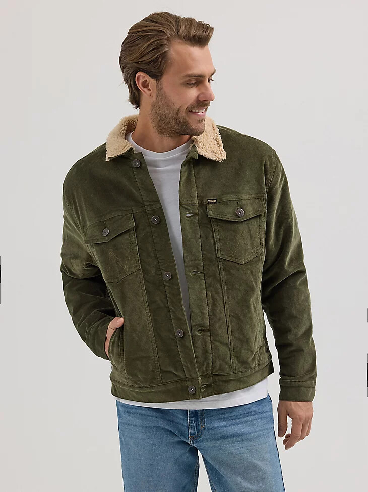 giacca da camionista in velluto a coste con fodera in sherpa wrangler da uomo colore oliva notte