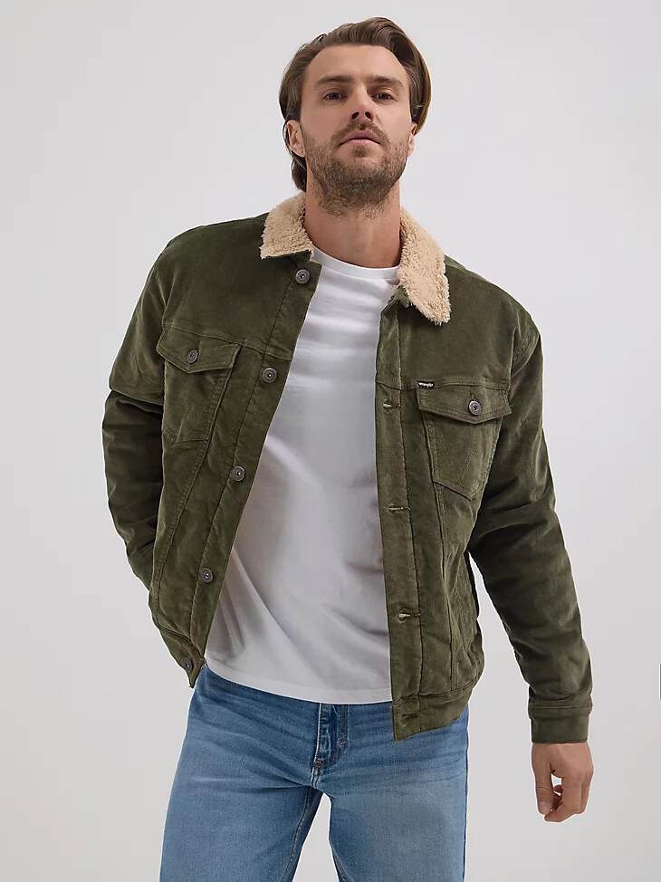 giacca da camionista in velluto a coste con fodera in sherpa wrangler da uomo colore oliva notte
