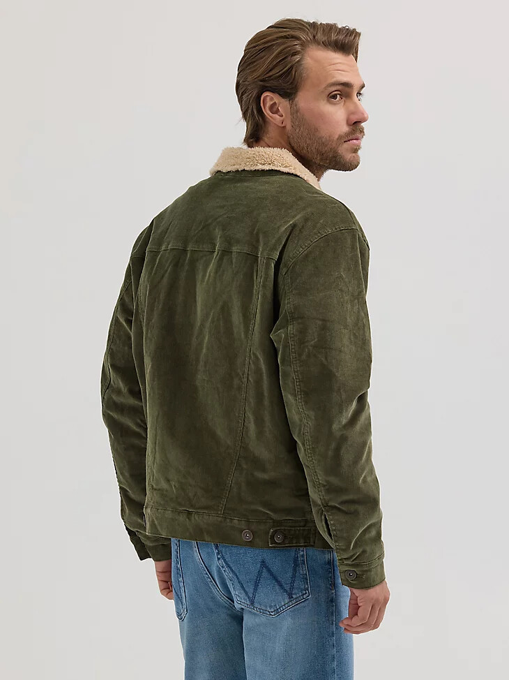 giacca da camionista in velluto a coste con fodera in sherpa wrangler da uomo colore oliva notte