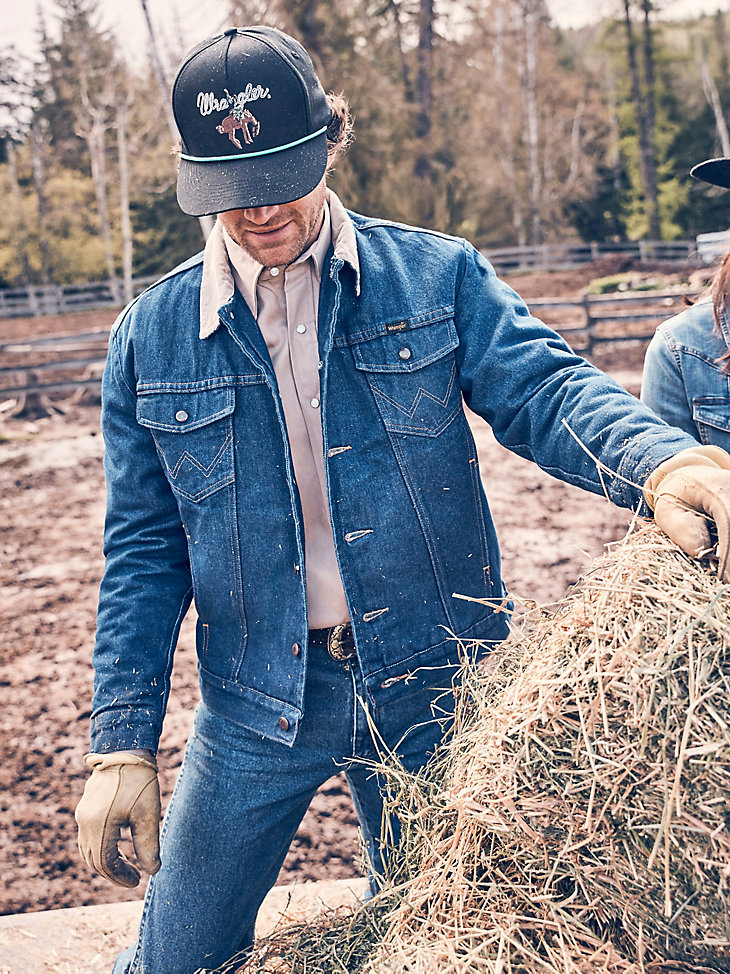 giacca in denim con collo in velluto a coste foderata da uomo wrangler prelavata indaco