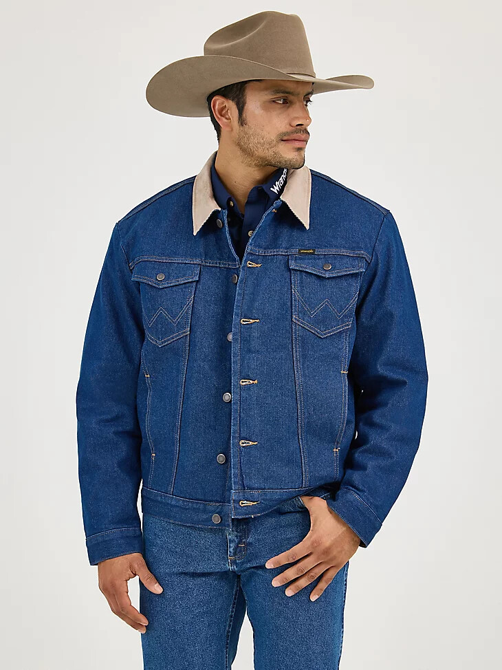 giacca in denim con collo in velluto a coste foderata da uomo wrangler prelavata indaco