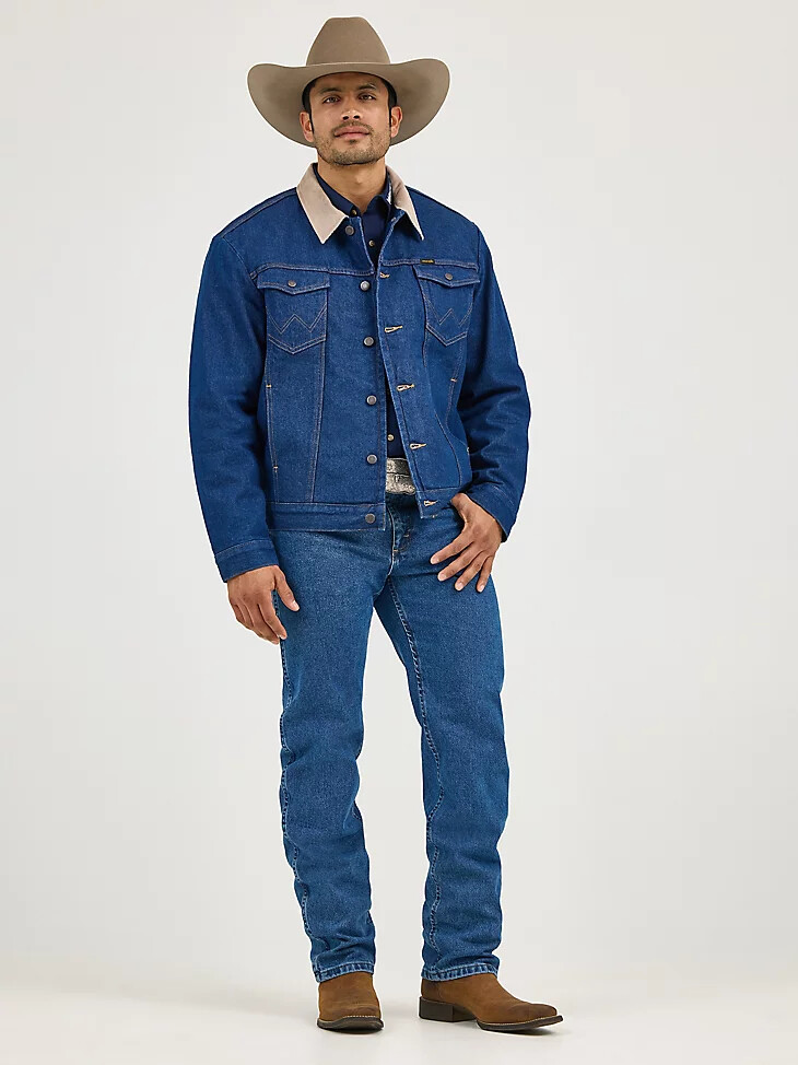 giacca in denim con collo in velluto a coste foderata da uomo wrangler prelavata indaco