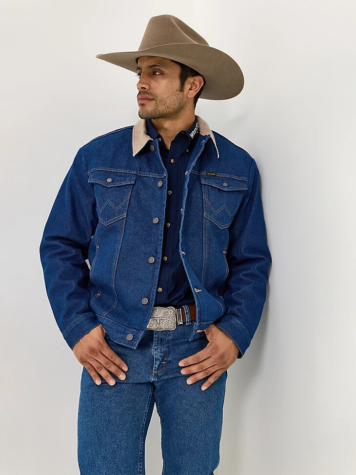 giacca in denim con collo in velluto a coste foderata da uomo wrangler prelavata indaco