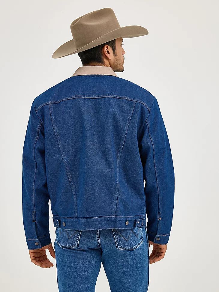 giacca in denim con collo in velluto a coste foderata da uomo wrangler prelavata indaco