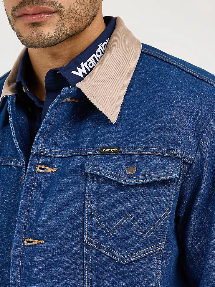 giacca in denim con collo in velluto a coste foderata da uomo wrangler prelavata indaco