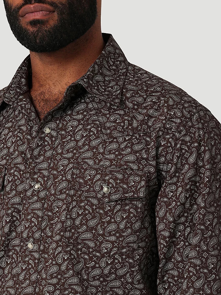 camicia da uomo wrangler retro premium western con stampa a scatto marrone paisley