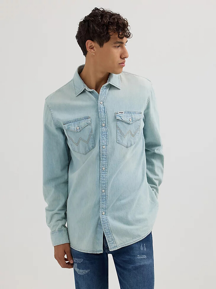 camicia da uomo in denim western a maniche lunghe lavaggio chiaro