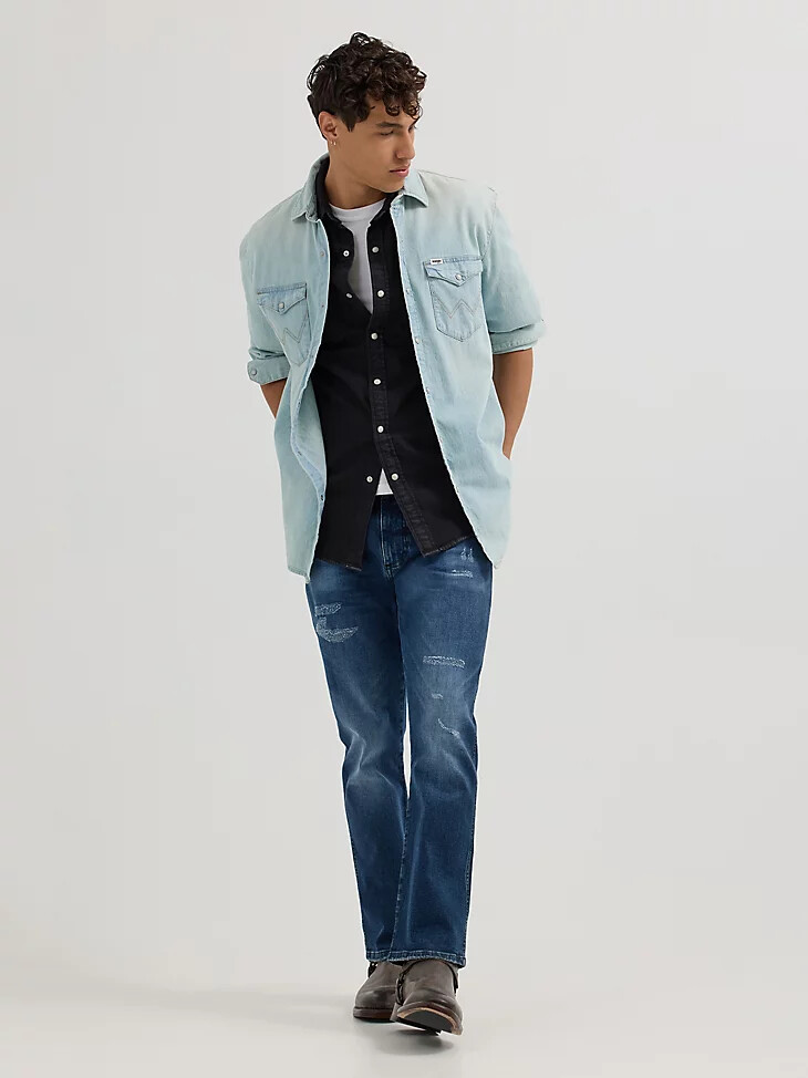camicia da uomo in denim western a maniche lunghe lavaggio chiaro