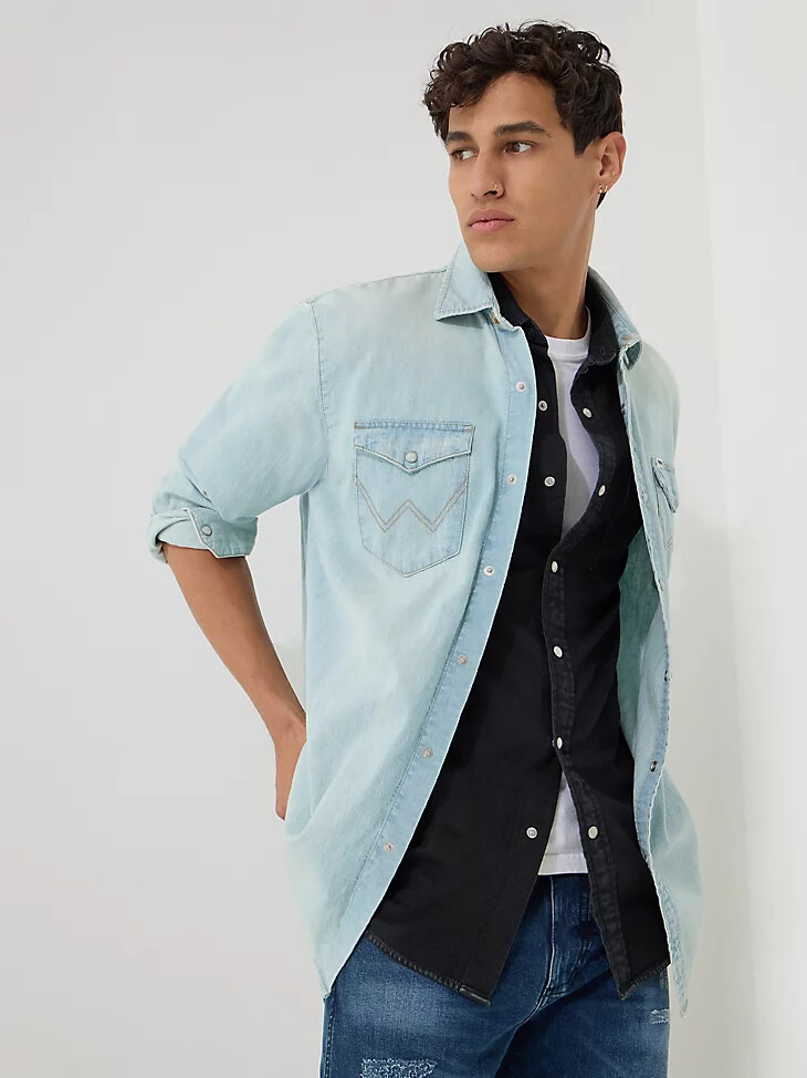 camicia da uomo in denim western a maniche lunghe lavaggio chiaro