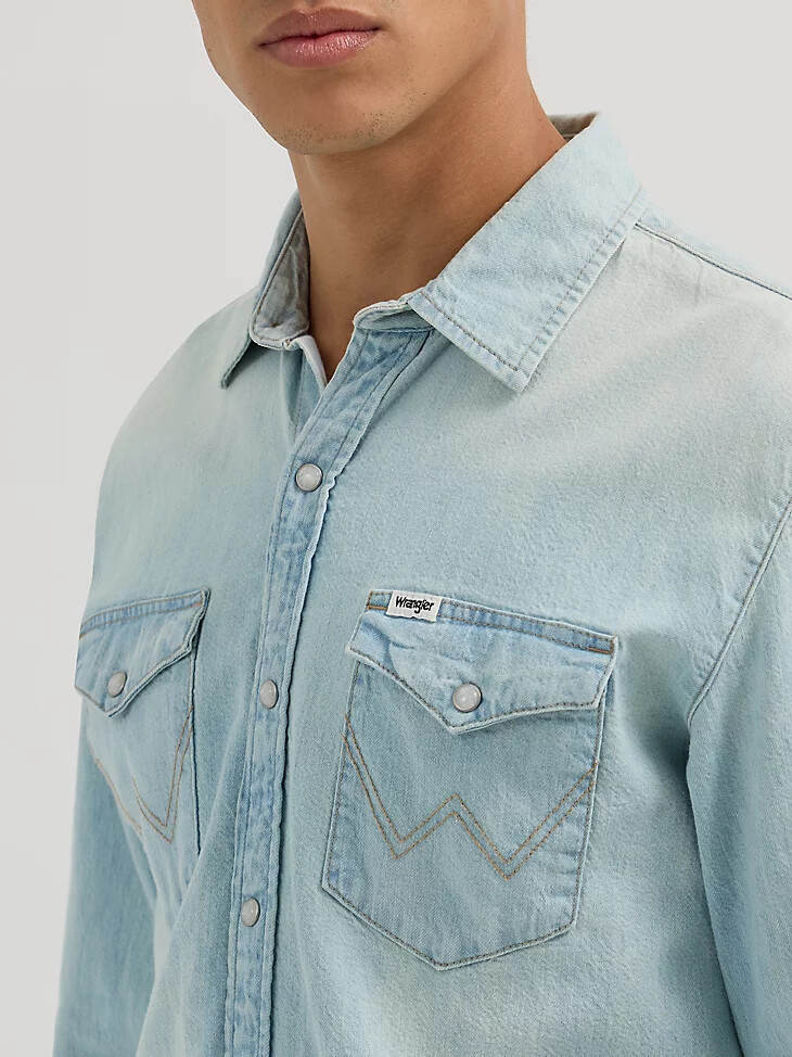 camicia da uomo in denim western a maniche lunghe lavaggio chiaro