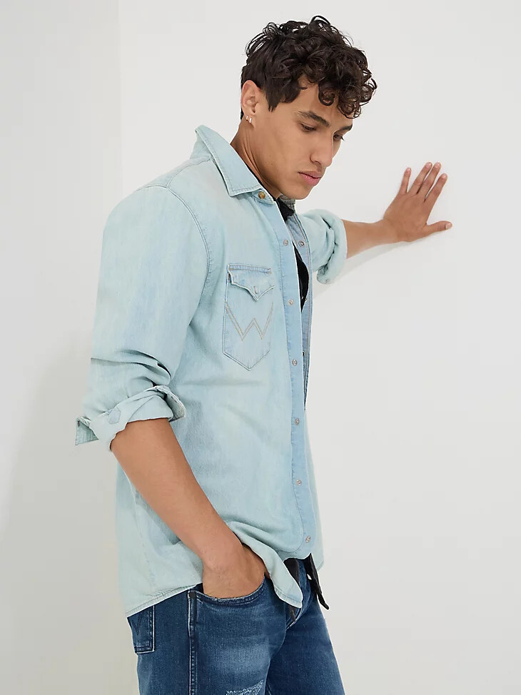 camicia da uomo in denim western a maniche lunghe lavaggio chiaro