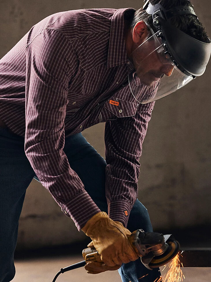 camicia a quadri western con bottoni a pressione a maniche lunghe ignifuga wrangler fr tawny port