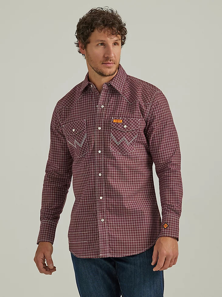 camicia a quadri western con bottoni a pressione a maniche lunghe ignifuga wrangler fr tawny port