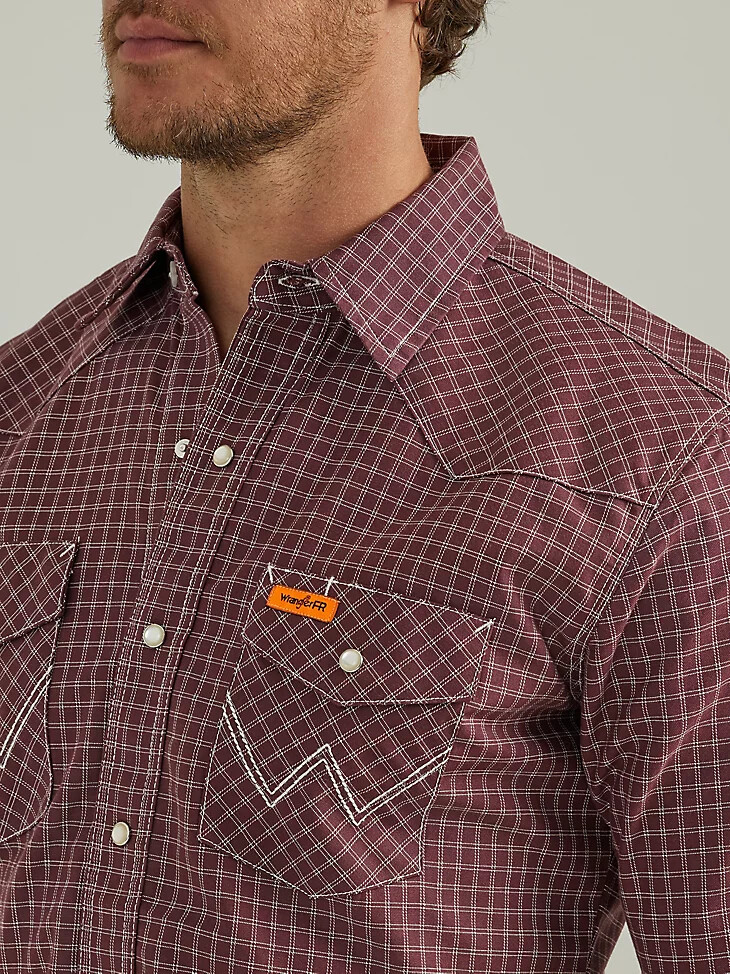 camicia a quadri western con bottoni a pressione a maniche lunghe ignifuga wrangler fr tawny port