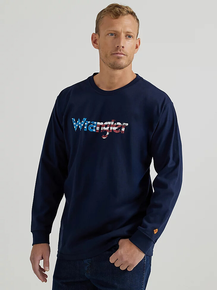 t-shirt grafica a maniche lunghe ignifuga wrangler fr con bandiera blu navy
