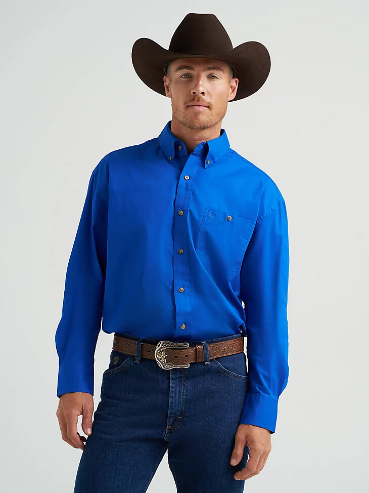 camicia da uomo george strait amp wrangler national patriot con bottoni tinta unita blu reale