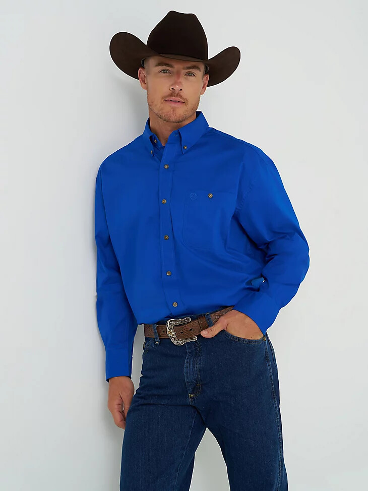 camicia da uomo george strait amp wrangler national patriot con bottoni tinta unita blu reale