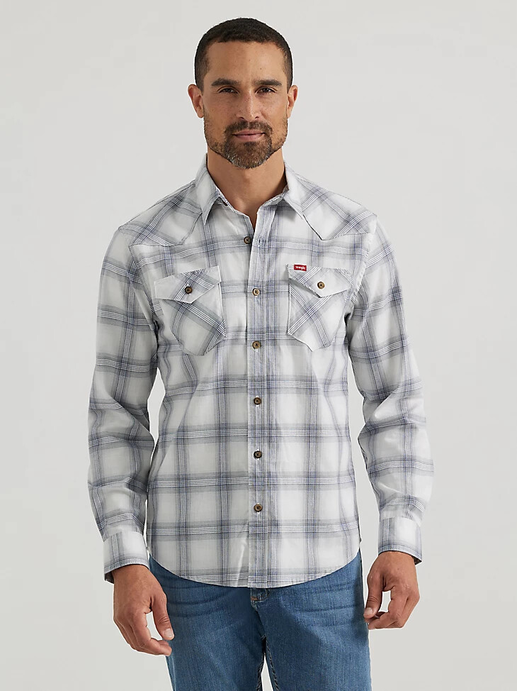 camicia da uomo a quadri con lavaggio cowboy blu perla