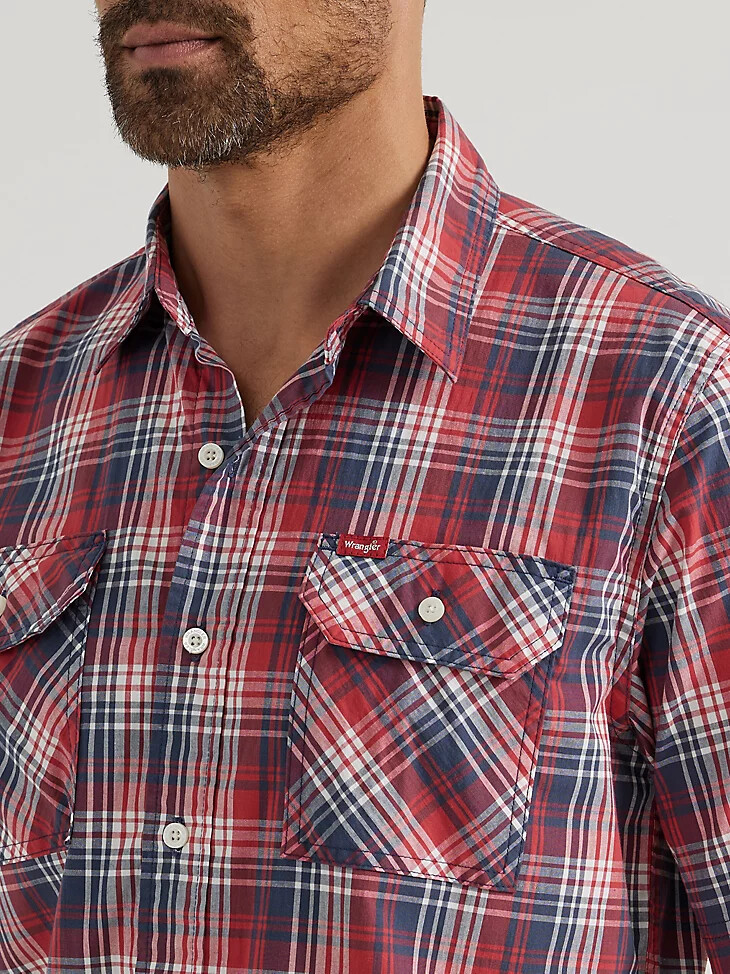camicia da uomo in popeline elasticizzato e rilassato a quadri rosso sfumato