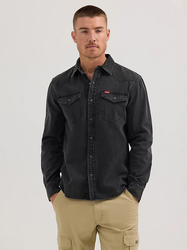 camicia da uomo in denim slim con bottoni automatici sul davanti nera