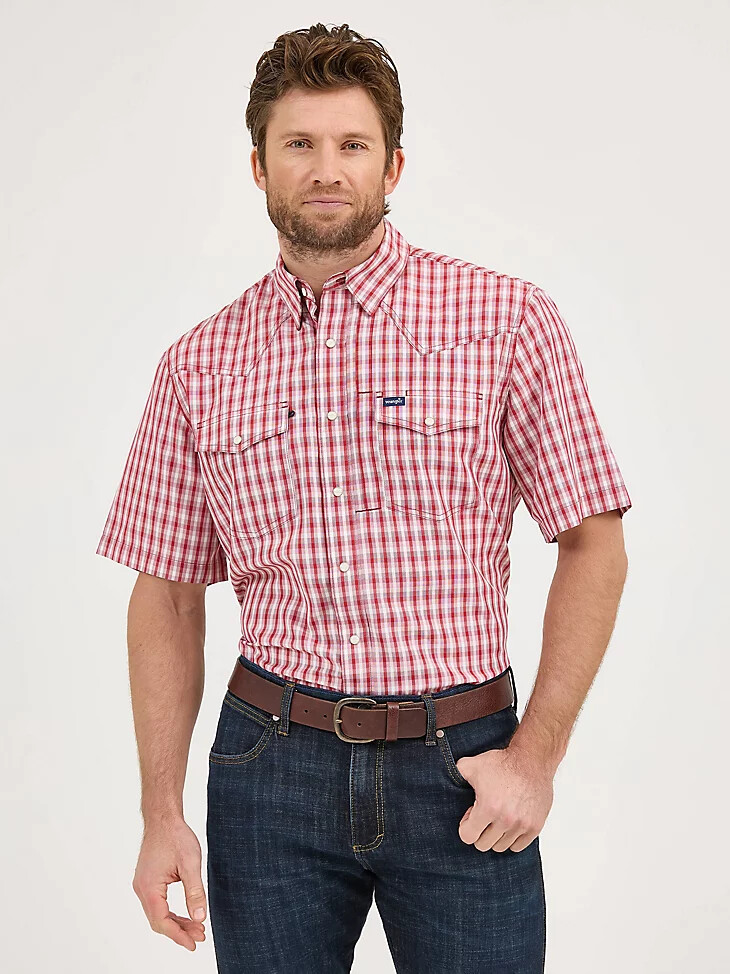 camicia a quadri a maniche corte wrangler performance snap da uomo colore rosso picnic