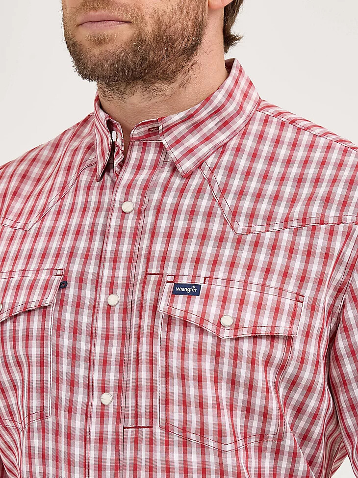 camicia a quadri a maniche corte wrangler performance snap da uomo colore rosso picnic