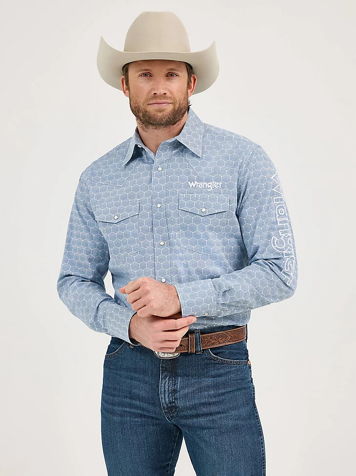 camicia da uomo a maniche lunghe con logo wrangler e bottoni a pressione western esagoni blu acciaio