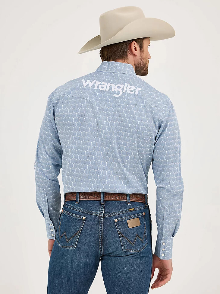 camicia da uomo a maniche lunghe con logo wrangler e bottoni a pressione western esagoni blu acciaio