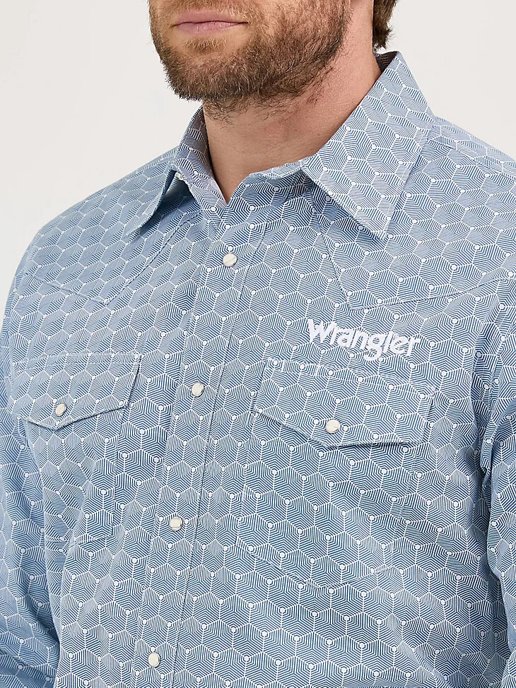 camicia da uomo a maniche lunghe con logo wrangler e bottoni a pressione western esagoni blu acciaio