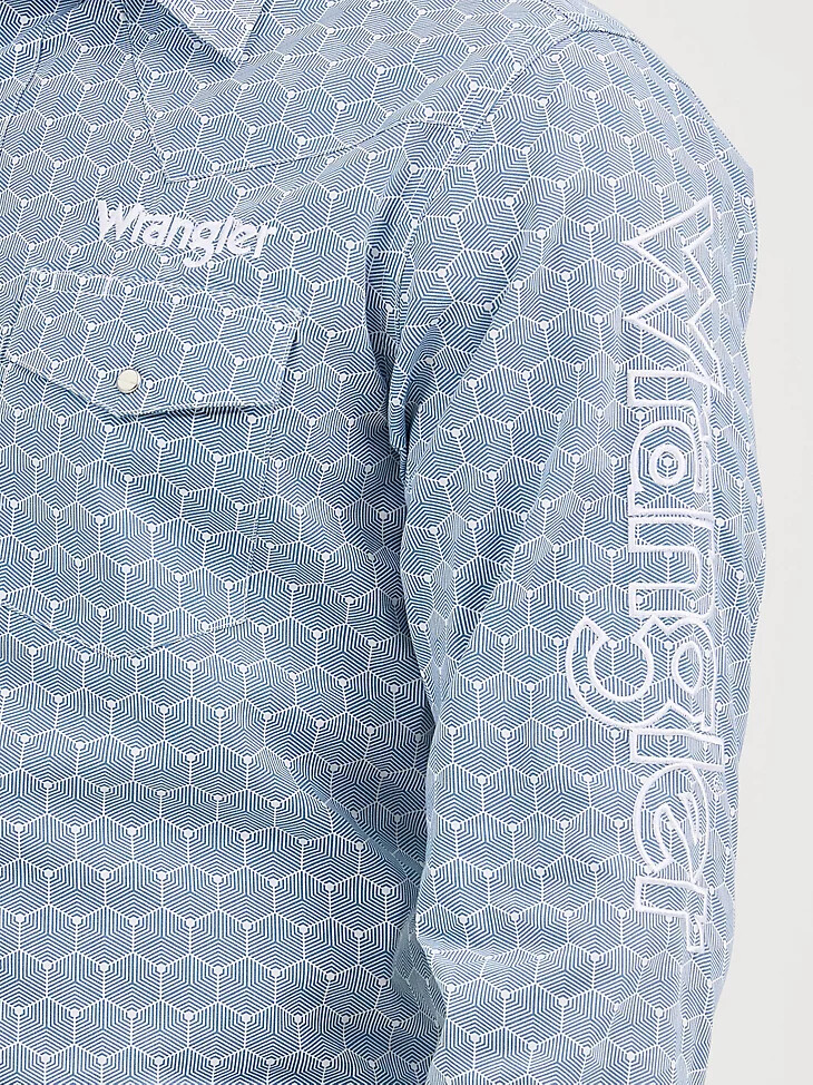 camicia da uomo a maniche lunghe con logo wrangler e bottoni a pressione western esagoni blu acciaio